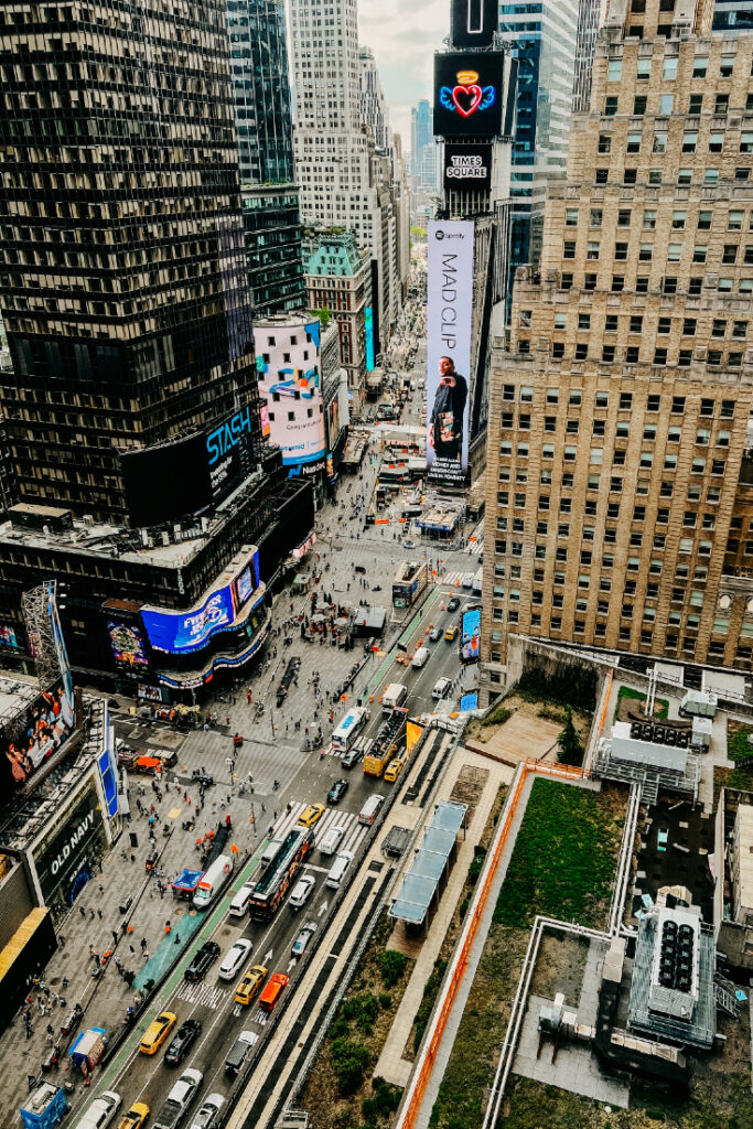 Victoria Vaden's view from corner hotel room overlooking Times Square at the New York Marriott Marquis hotel.